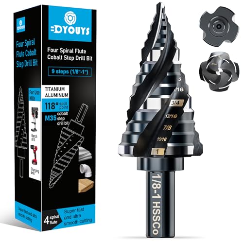 Four Spiral Flute M35 Step Drill Bit Set 1/8"-1"(9 Sizes), 3/8" Shank for Metal Step Drill bit, Impact Resistant Cobalt Step Drill Bit, for Stainless Steel, Wood, Aluminum, Plastic Spiral 1/8"-1"
