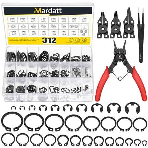 312Pcs 21 Sizes C-clip External Retaining Rings Snap Rings Assortment Set(M4-M28) with 10 Sizes E-Clip Retaining Rings Assortment Set(1.5mm-10mm), 4 in 1 Snap Ring Pliers and Tweezer Black