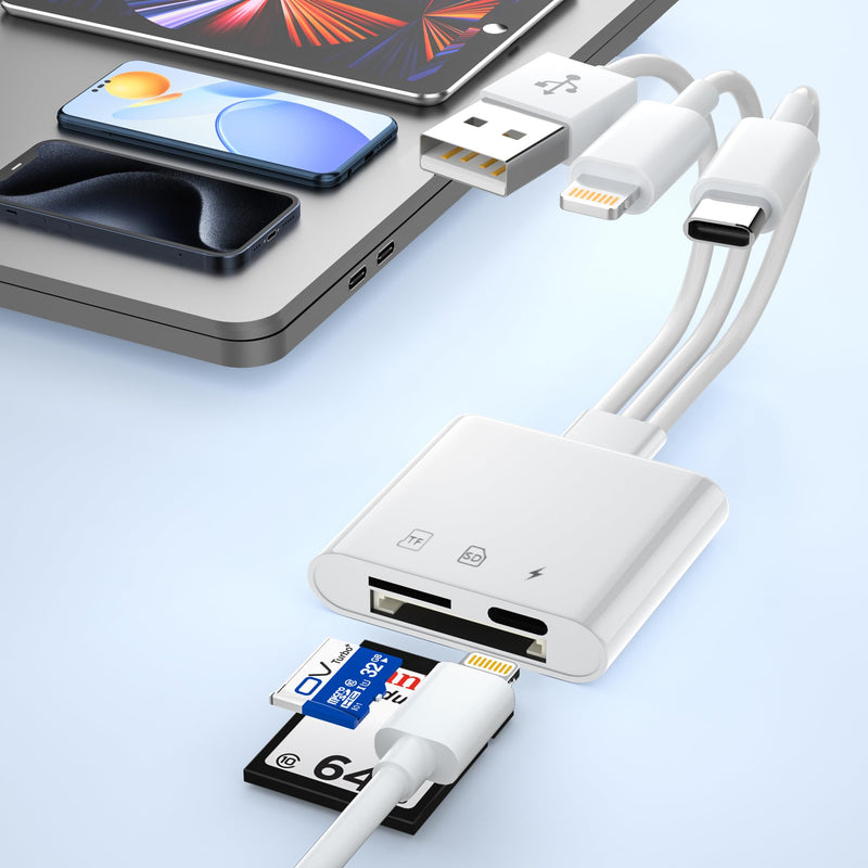 SD Card Reader for iPhone,USB C Lightning USB A Three Connector to SD/TF/Micro SD Card,Digital Camera Adapter,Memory Card Reader with USB OTG Adapter for iPad/iPhone/MacBook/PC/Android,Plug and Play