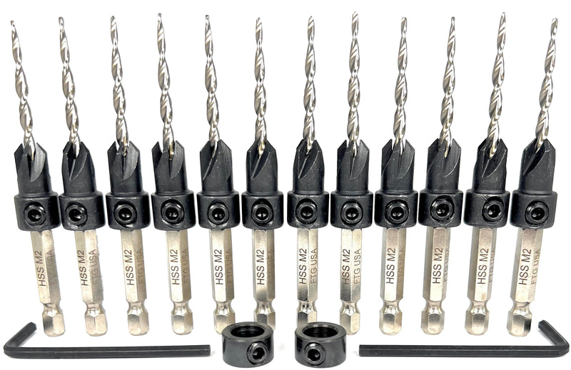 FTG USA 12 Pc #6 (9/64") Adjustable Wood Countersink Drill Bit Set Case | 12pc counter sink drill bit for wood, all same size; parabolic flute, 2 depth stop collar, hex key, storage container 12 Pc Same Size