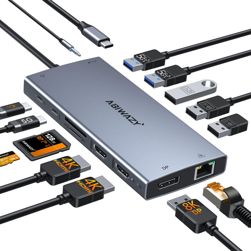 USB C Docking Station Dual Monitor, ABIWAZY 15 in 1 Laptop Docking Station | 8K DP, Dual HDMI 4K@60Hz, 1Gbps Ethernet, 100W PD, Screen Button, USB-C Data Ports&SD/Micro SD, USB C Hub for HP/Delll/Lenovo 15 IN 1 Grey