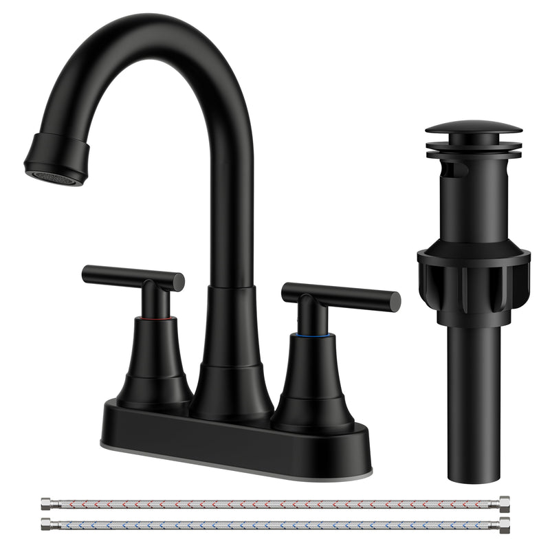 FORIOUS Matte Black Bathroom Faucets, 4 Inch Centerset Bathroom Sink Faucet 2 or 3 Hole with Pop up Drain and cUPC Hose, Two Handles Control, 360° spout for Restroom,Vanity, RV Classic