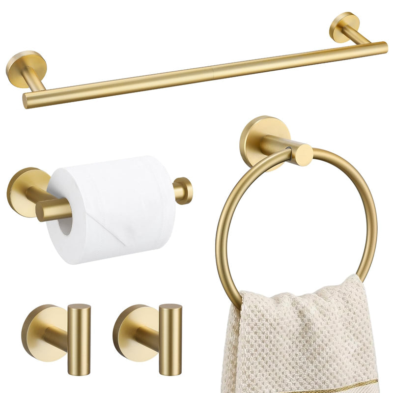 TURS Brushed Gold 5 Piece Bathroom Hardware Set, SUS304 Stainless Steel 24 Inch Bath Towel Bar Set, Round Bathroom Accessories Kit Wall Mounted Set D Brusehd Dark Gold