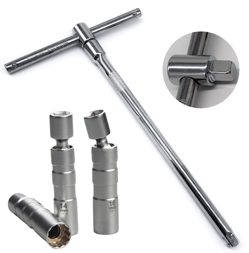 QISF 14MM & 16MM Swivel Extension Spark Plug Socket Thin Wall Magnetic 12-Point Removal Tool + 3/8-Inch Drive Sliding T bar Torque Spanner Extension Kit 10inch/25cm to Most Confined Areas