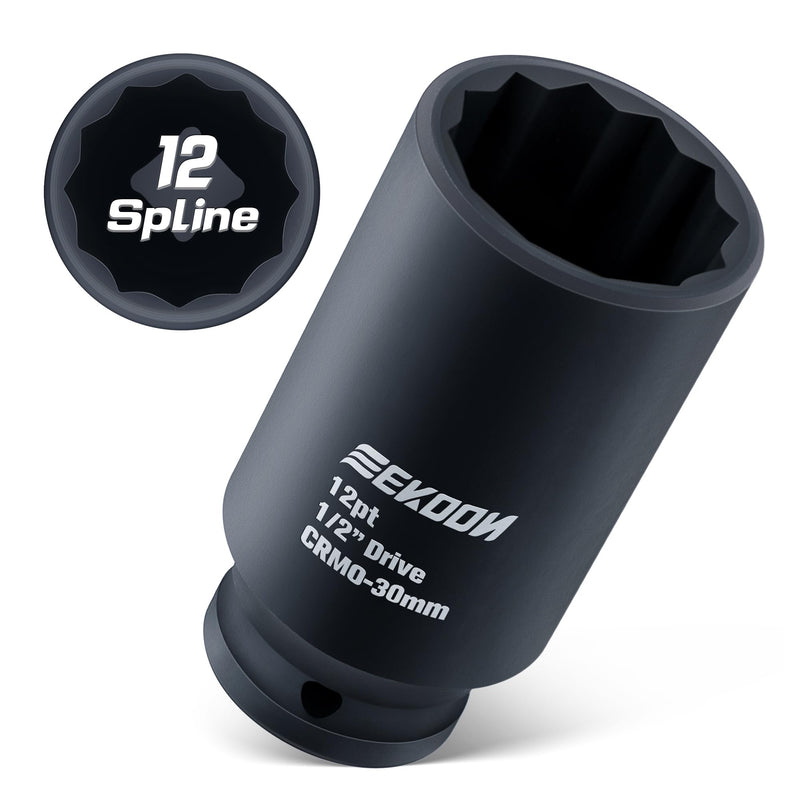 Feekoon Axle Nut Impact Socket, 30mm, 12 Point, 1/2 Inch Drive, CR MO, Spindle Nut Socket for Removing Axle Shaft Nuts, Universal Quick Fit Nuts Remover, Deep Well Hub Release Tool for Impact Wrench
