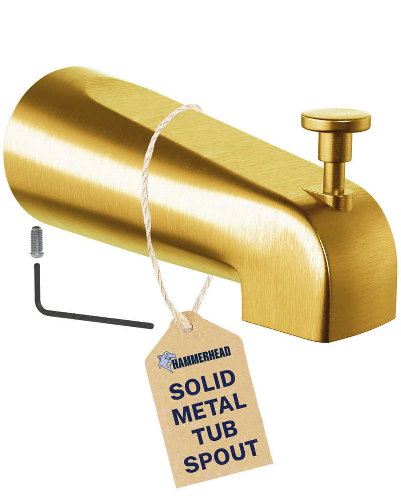 HammerHead Showers Solid Metal Tub Spout with Diverter, Slip On Bath Tub Spout for ½” Copper Pipe, Easy Install Bathtub Faucet, Brushed Gold