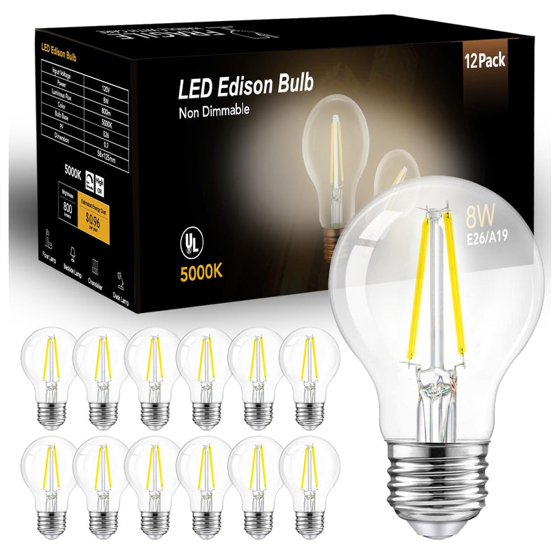 dalattin A19 Vintage LED Edison Bulbs, 60W Equivalent Light Bulbs, 5000K Daylight White, Clear Glass Filament Bulb, Efficient 8W, E26 Base, 800 LM, CRI80+, Non-Dimmable for Home, Farmhouse, 12 Pack