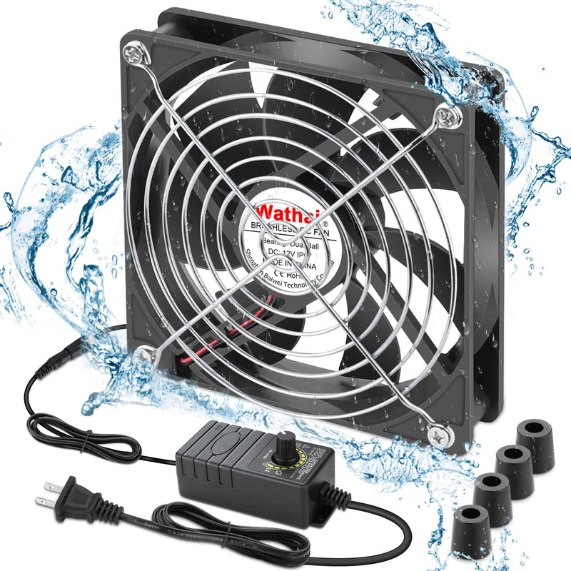 Wathai 120mm Waterproof Small Box Fan IP67 12V Computer Fan AC 110v 120v | Dual Ball Fan with AC Plug DC 12V to AC 110V 240V Speed Controller for Biltong Box Grow Tent Terrarium Aquarium Greenhouse IP67 120mm fan with Controller