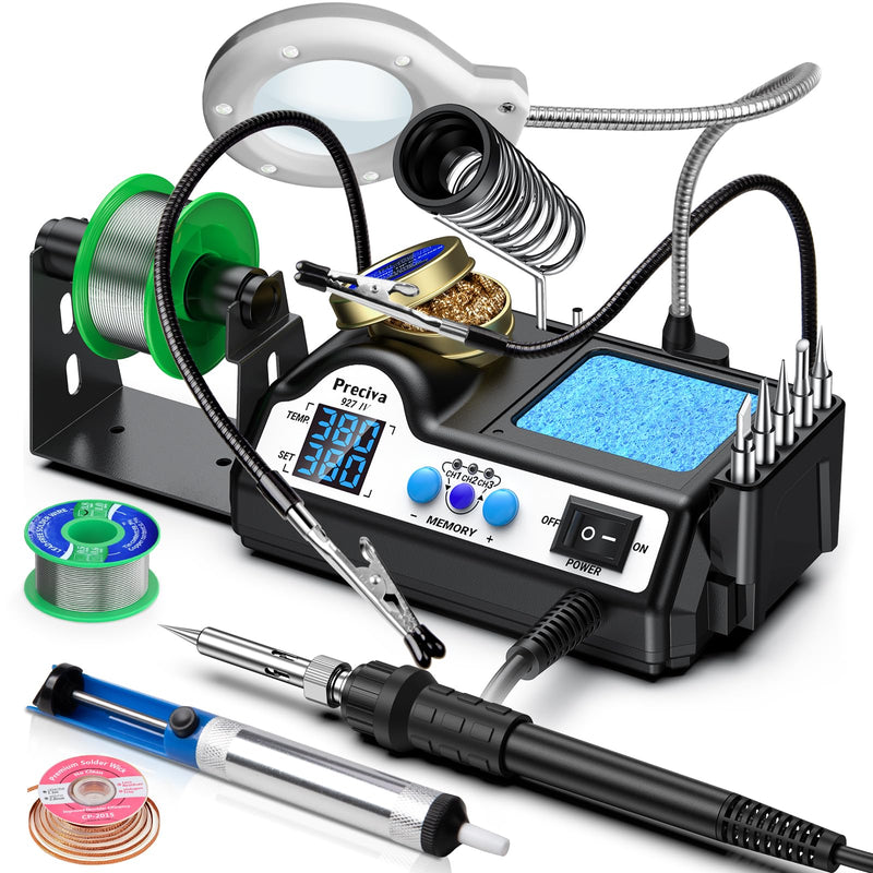 Preciva 927 IV Soldering Station Kit, 130W MAX Soldering Iron with 2 Helping Hands,Magnifying Glass,5 Extra Iron Tips,3 Preset Channels, Adjustable Temperature 194°F to 896°F