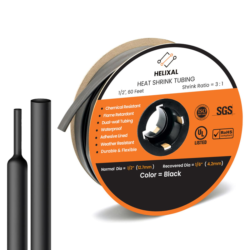 1/2" Heat Shrink tubing, 3:1 Ratio Wire Heat Shrink Tubing Industrial and Marine Grade, Dual Wall Adhesive Lined Wire Shrink Wrap Tubing, Waterproof Heat Shrink Tube - Black, 60 Feet Roll 1/2" - 60 Feet 3:1 - Black - Large