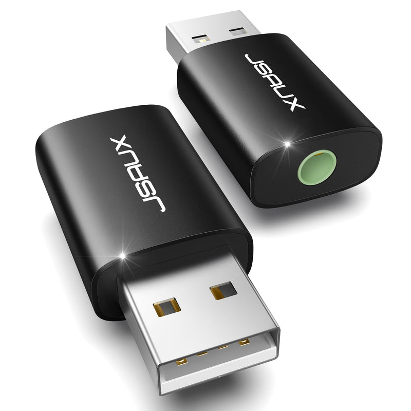 JSAUX 2 Pack USB to 3.5mm Jack Audio Adapter - External Stereo Sound Card for PS4, PS5, Headphones, Mac, Linux, Laptops, Desktops - Black Audio Jack Adapter
