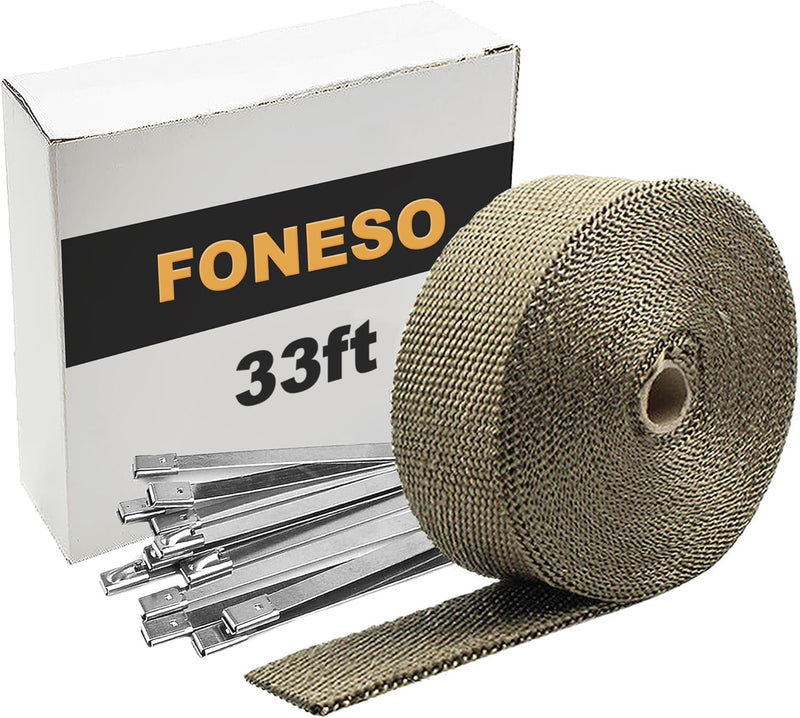 Foneso Exhaust Heat Wrap, 2in x 33ft Titanium Exhaust Muffler Tape Fiberglass Heat Shield Header Wrap for Car Motorcycle Pipes with 10 Pcs Stainless Steel Ties