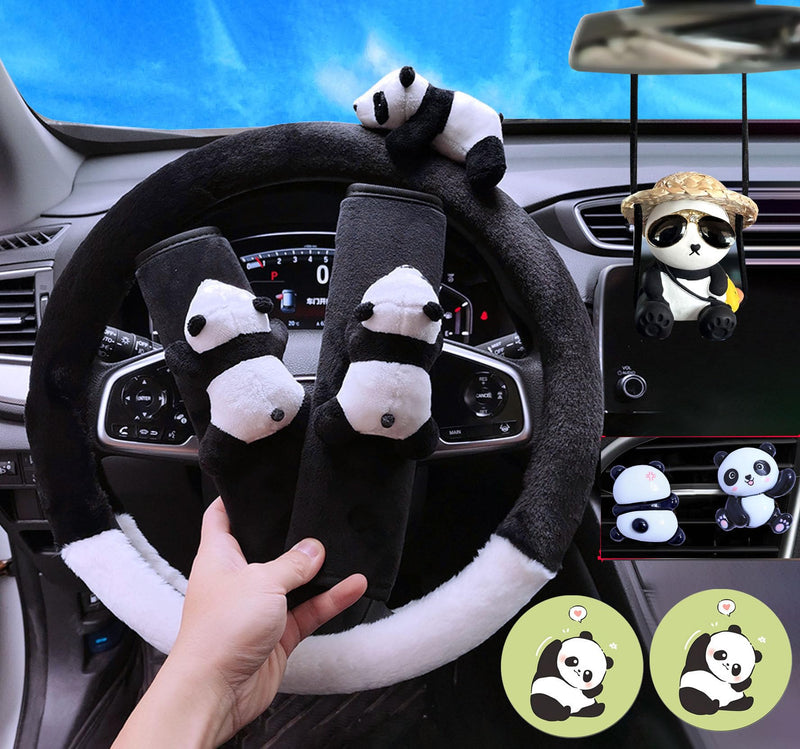 8 Pcs Cute Panda Steering Wheel Cover Set for Women Girl,Anti-Slip Lovely Cartoon Car Wheel Protector Universal 15 Inch Fit for Vehicle, Car, Auto, SUV (Black White) Black White