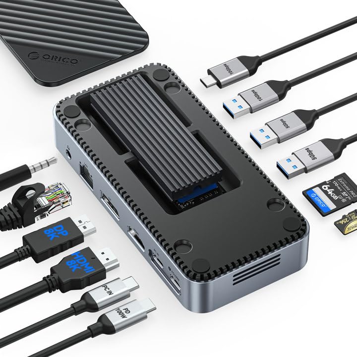 ORICO 12-in-1 USB C Hub with M.2 SSD Enclosure 10Gbps, Tool-Free USB C Docking Station with Built-in Fan, HDMI, DP, Gigabit Ethernet, 100W PD, SD/TF, Audio/Mic, USB A & Type C for Laptop Mac-M2P11