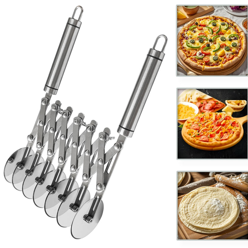 7 Wheel Pastry Cutter Tool,Adjustable Pasta Cutter wheel with Handle, Stainless Steel Multiple Pasta Roller Cutter tools, Baking Roller Pizza Cutter Slicer Silver