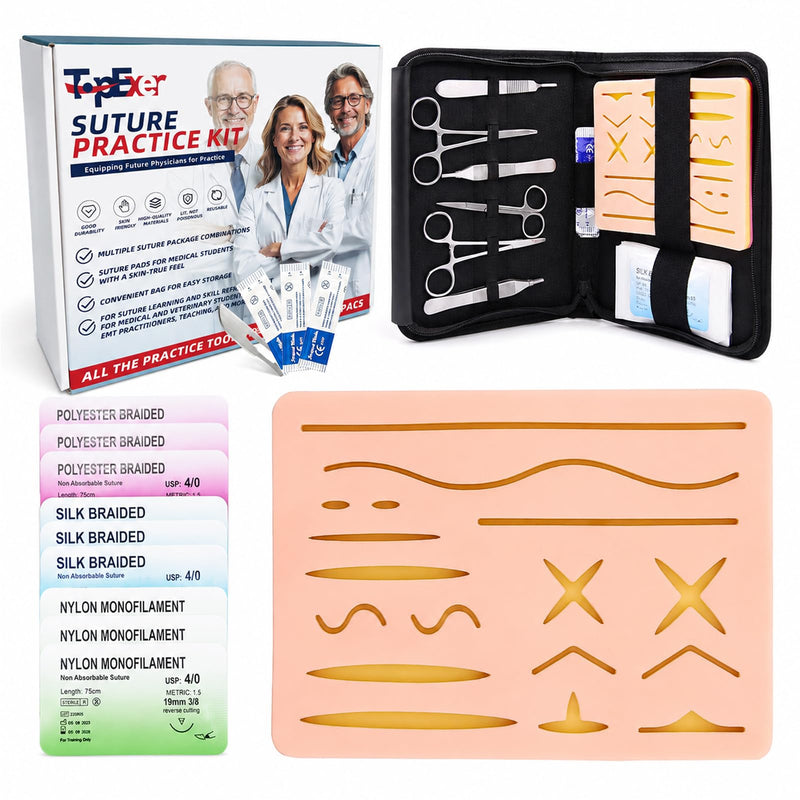 Suture Practice Kit for Students - TopExer Suturing Kit (20 Pieces) with Durable Silicone Suturing Pad Includes 17 Pre-Cut Wounds Suture Tools(Education Use Only)