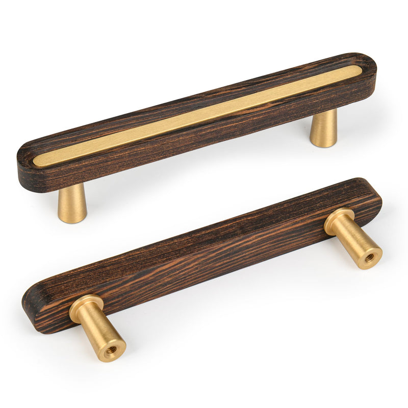 SALISENG-Solid Brass and Wooden Kitchen Cabinet Pulls, 5 Pack 3-3/4 Inch Brass Dresser Drawer Handles, Modern Furniture Hardware Pulls for Bathroom Bedroom Living Cabinets 3-3/4 Inch Hole Centers