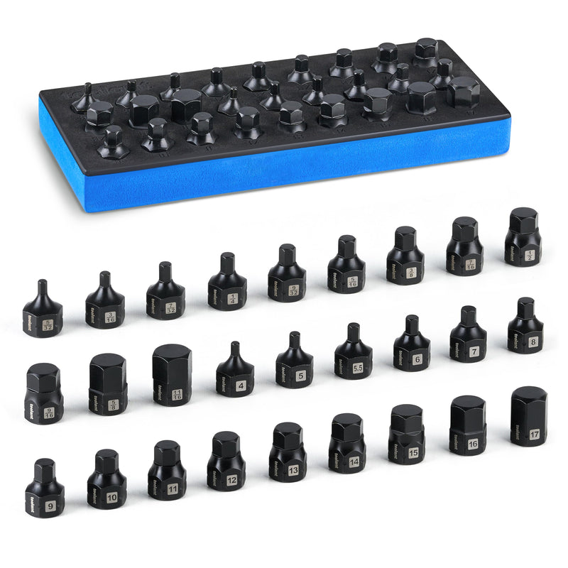 toolant 3/8"drive impact hex bit socket set 27PCS,Hex Drive, SAE/Metric, 5/32"-11/16",4mm-17mm, S2 Steel Air Drive Allen Socket set,Impact Grade，Anti-Roll Design 3/8" drive - 4mm-17mm - 27 PCS