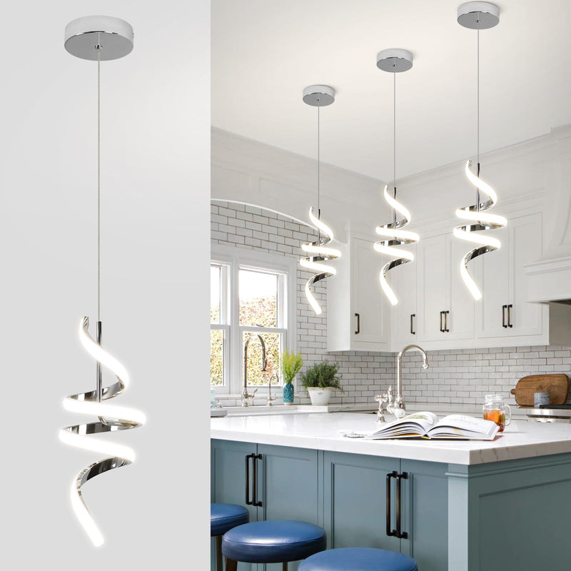 Modern Spiral LED Pendant Lights Kitchen Island, 22W Adjustable Height Hanging Light Fixture 4000K Chrome Chandelier for Dining Room Cafe Table, 1 Pack Chrome,4000K Hardwired,1PACK