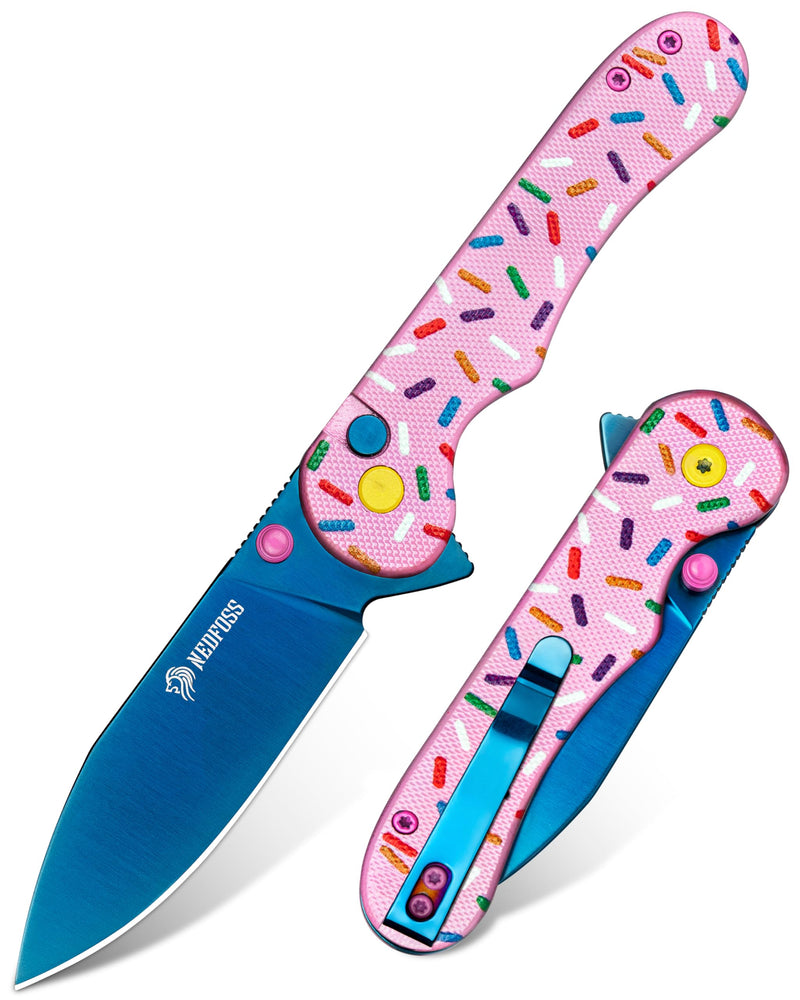 NedFoss DONUT Pink Pocket Knife for Women Men, 2.9" Blade Small EDC Knife, 14C28N Steel Button Lock Knife, Unique Donut Design G10 Handle Folding Knives DONUT_PINK