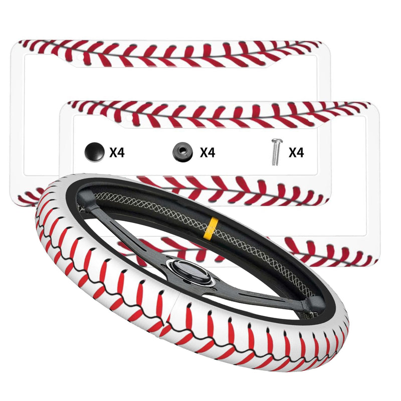 Baseball License Plate Frame & Baseball Texture Pattern Steering Wheel Cover Aluminum License Plate Covers Anti-Slip Breathable Steering Wheels Protector with Screws Fasteners Caps for Men Women 3PCS