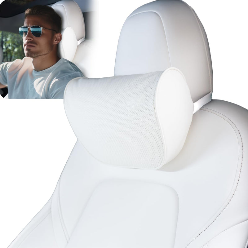 HOPON 2025 Upgrade Headrest Pillow for Tesla Model 3 Model Y with Adjustable Strap,Fits All Vehicles,Car Neck Pillow with Leather,for Head,Neck,Shoulders,Multipurpose,Car Accessories 1 Pack (White) White