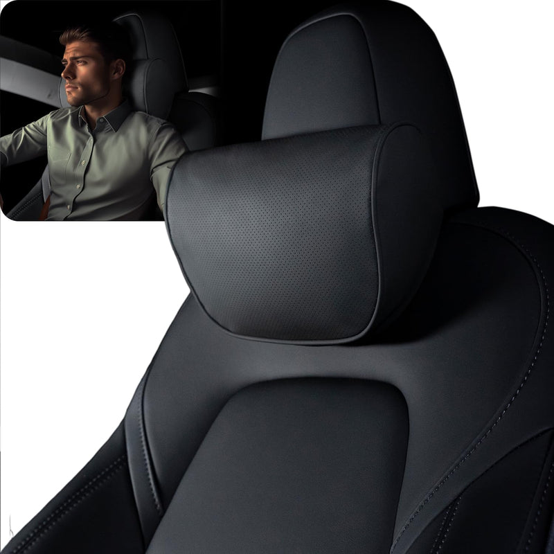 HOPON Headrest Pillow for Tesla Model 3 Model Y with Adjustable Strap,Tesla Neck Pillow with Leather,for Head,Neck,Shoulders,Multipurpose,Tesla Accessories 1 Pack (Black) Black With Adjustable Strap