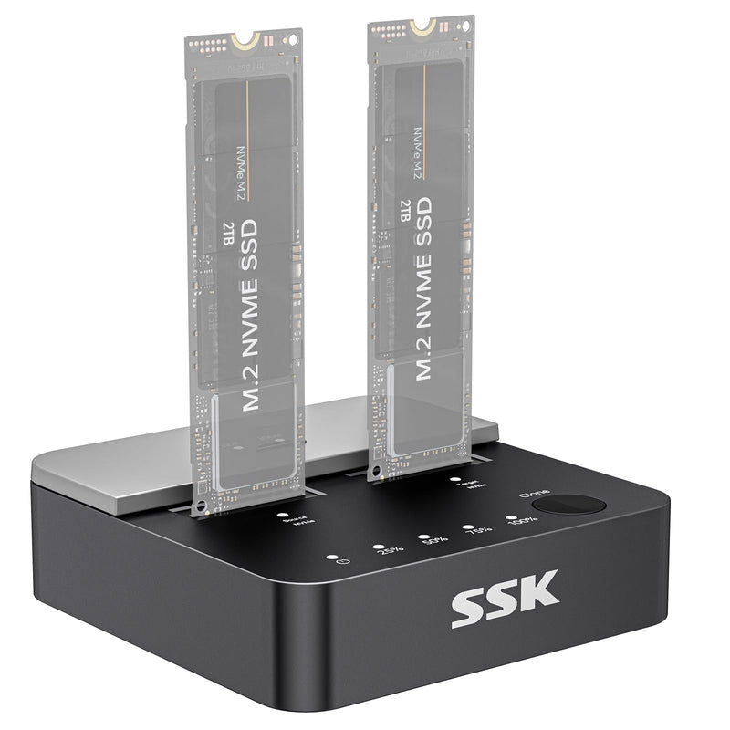 SSK NVMe SSD Cloner, M.2 Duplicator Dual Bay NVMe Enclosure, Tool-Free 20Gbps USB3.2 Gen 2X2 SSD to USB Adapter M.2 Docking Station for M Key PCIE NVMeSSD Reader Supports Offline Clone