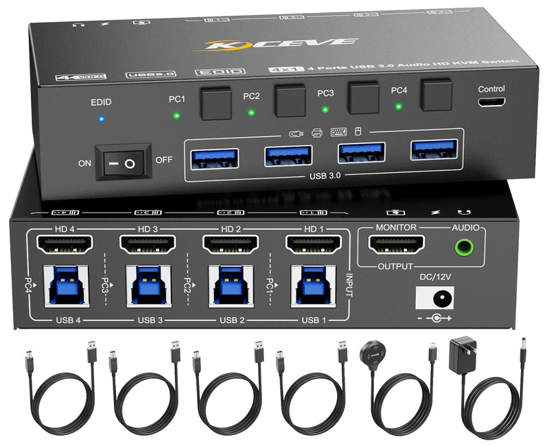 HDMI KVM Switch 4 Computers 8K@60Hz 4K@144Hz, Simulation EDID, Camgeet 4 Port USB3.0 KVM Switch with Audio for 4 Computer Share 1 Monitor and Keyboard Mouse Headset,Wired Remote,Power Adapter Included 8K KVM 4 PC