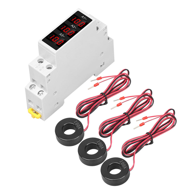 3 Phase DIN Rail Ammeter, LED Digital Display DIN Rail Amp Meter, Amp Meter with 3 Sensors AC80‑500V 1‑100A, Display Measurement Trends