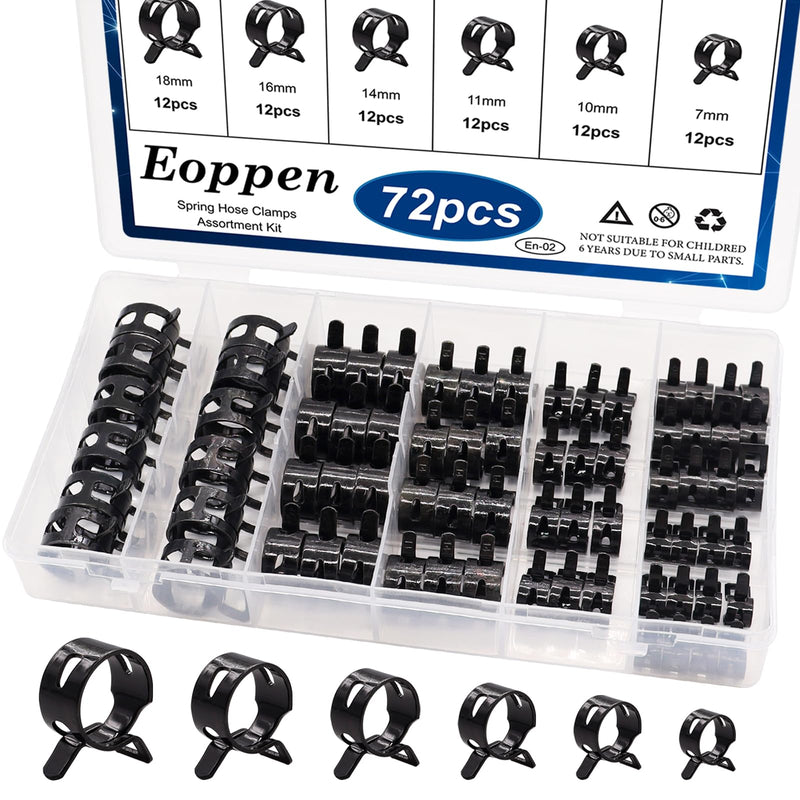 72Pcs Spring Hose Clamps Fuel Line Silicone Vacuum Hose Low Pressure Air Clamps & Sleeving Automotive Replacement Fastener Assortment Kit 6 Sizes (7mm 10mm 11mm 14mm 16mm 18mm) Black 72Pcs Spring Clamps