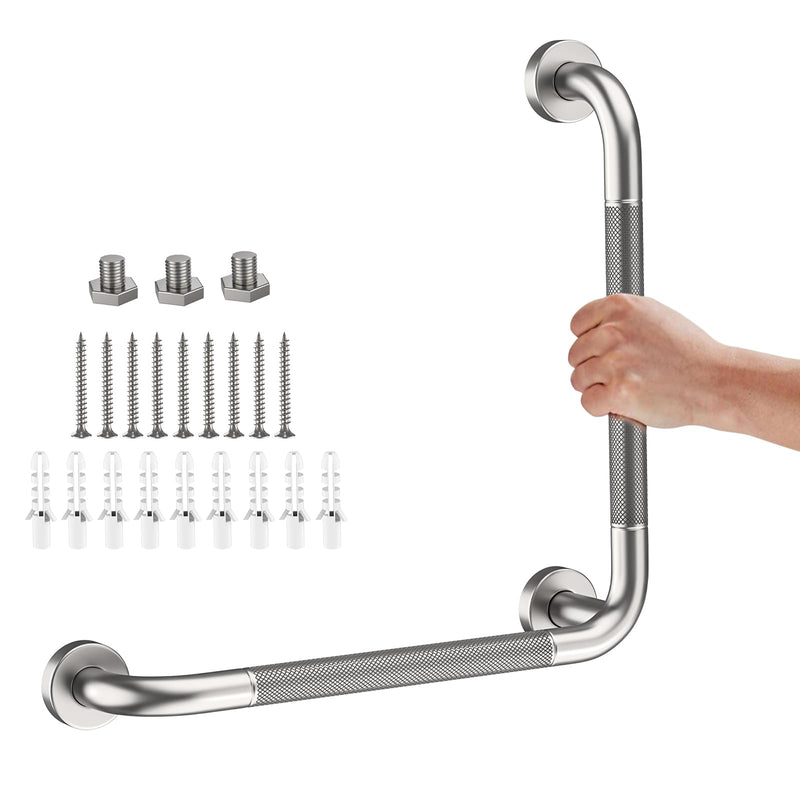  [AUSTRALIA] - Angled Grab Bar 16x16 Inch Stainless Steel Knurled Toilet Handles Wall Mounted Bathroom Handicap Safety Rails for Elderly Injured Balance Support, L-Shaped Brushed Nickel Grab Bar for Shower