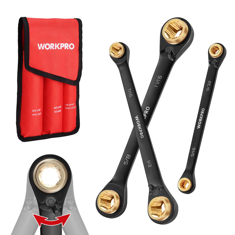 WORKPRO 3-Piece 4-in-1 Reversible Ratcheting Wrench Set, 12 Sizes in 3 Wrenches (1/4"-3/4"), SAE, Anti-Slip, Double Box End, 72-Tooth, CR-V, 6-Point, with Storage Bag - for Repair & Maintenance