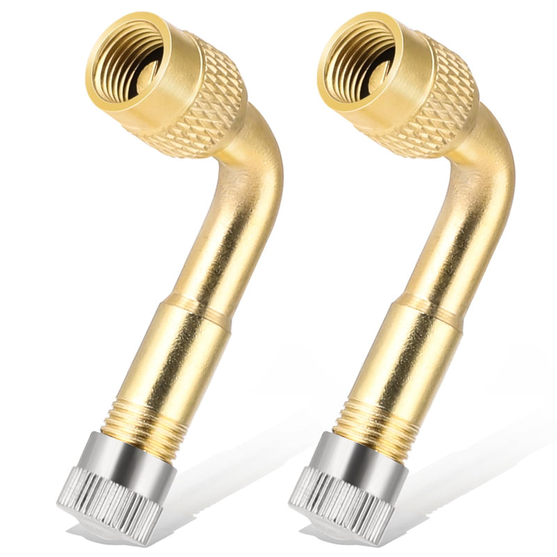90 Degree Valve Stem Extenders, 2 Pcs Universal Brass Tire Valve Extension Adaptor Metal Valve Stem Extensions for Passenger Cars, Bicycles, Motorcycles, RV, Trailers Gold