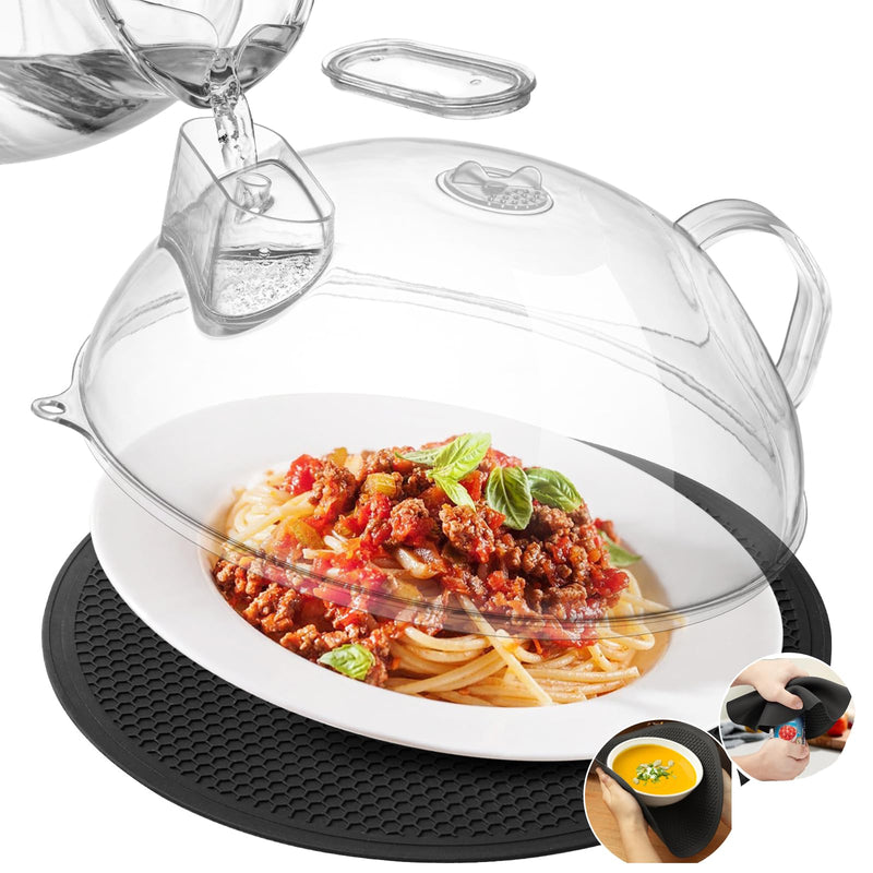 Microwave Splatter Cover for Food, Clear Microwave Lid with Water Steamer, Integrated Handle, Splatter Guard, 10” Plate Covers & 12" Mat, BPA-Free, Essential Kitchen Gadgets and Accessories 10.5"×10.5"×4.2" transparent