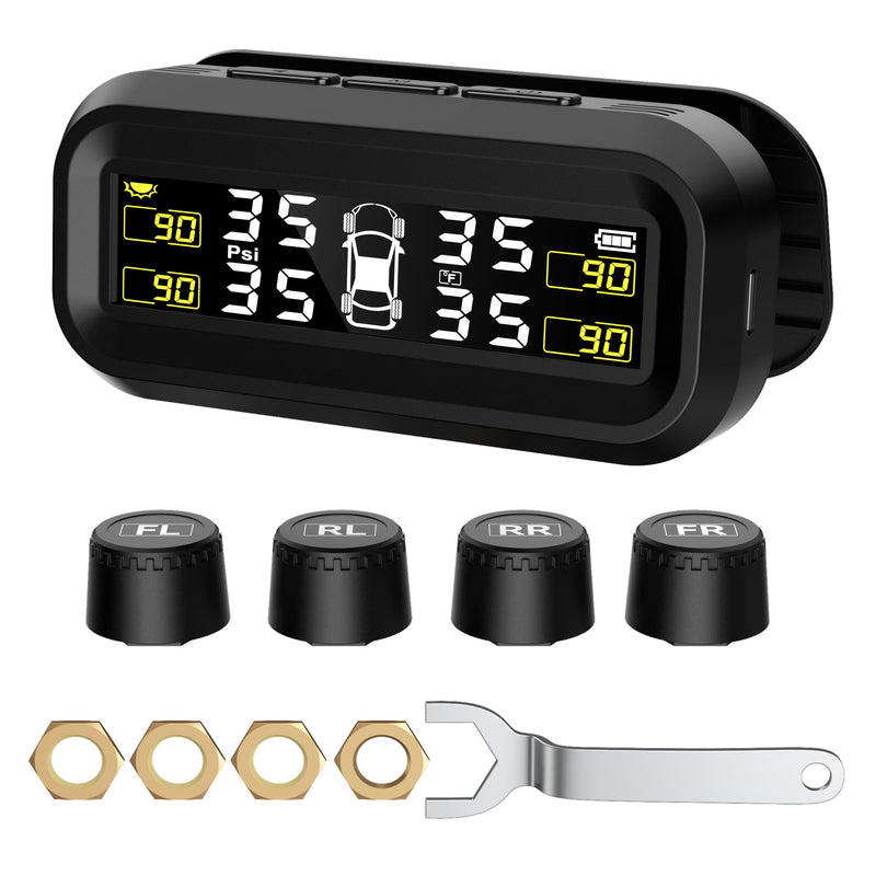 SEACOT Solar TPMS Tire Pressure Monitoring System - Professional Edition (0-87 PSI), 4 Sensors, Solar and USB Charging, LCD Display, 6 Alarm Modes, Suitable for Car, RV, SUV, MPV, and Sedans S21