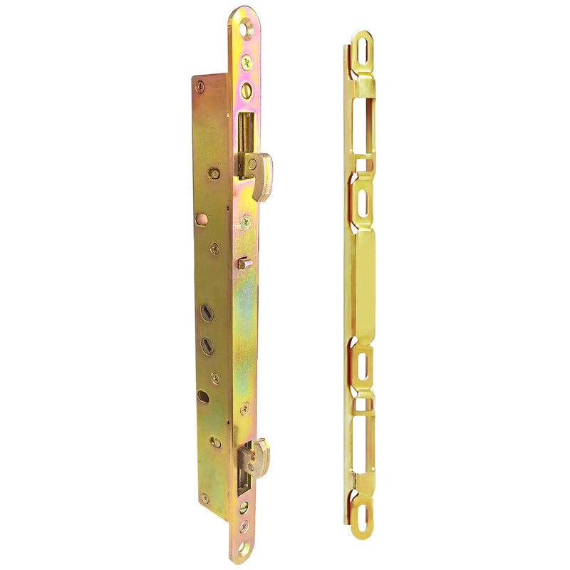 2 Point Sliding Patio Glass Door Mortise Lock with 11-3/4" Faceplate, Dual Point Hooks with Anti-Slam Pin, 45° Keyway, A/B Position, 3-15/16" Handle H.C. (Sold Separately), Non-Handed 2 Point Mortise Latch