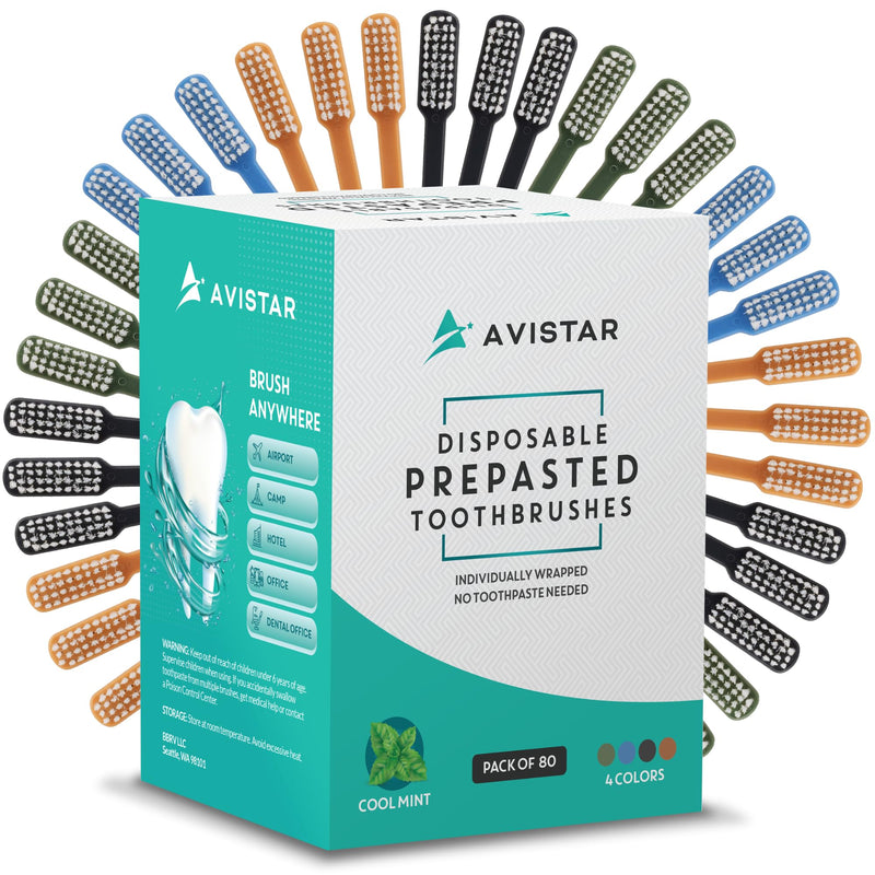 Avistar 80 Prepasted Disposable Toothbrushes Individually Wrapped - Single Use Pre Pasted Disposable Toothbrushes with Toothpaste Built in - Waterless Toothbrush for Travel, Guests, Hotel, & Camping 80 Count (Pack of 1)