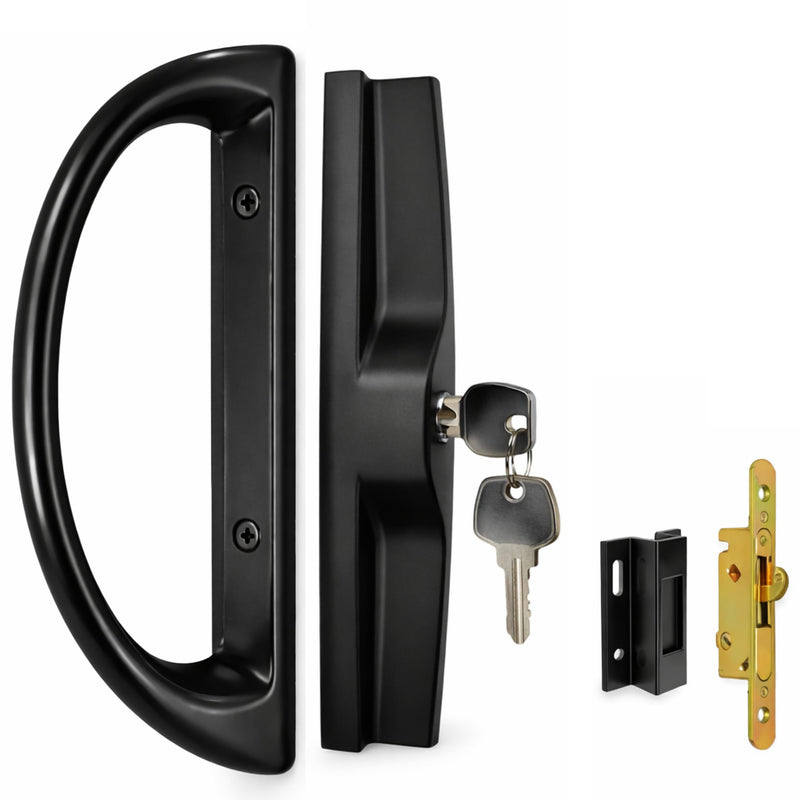 Sliding Glass Door Handle Replacement Kit with Keyed Lock, 3-15/16" Screw Spacing, All-Aluminum, Mortise Style, Reversible, Fits 1-3/8"–1-3/4" Doors Black