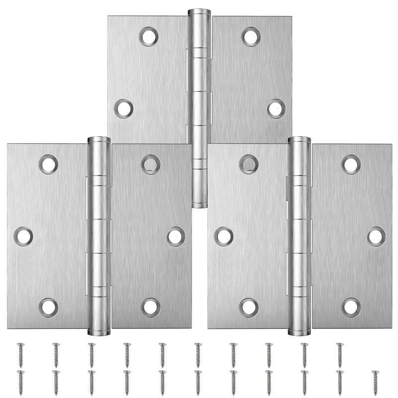 KOLET Ball Bearing Door Hinges, 3.5 x 3.5 Inches Door Hinges, Square Corner Heavy Duty Hinges, Stainless Steel Hinges, No Squeak and Non Removable Pin, Brushed Nickel, 3 Pack Silver