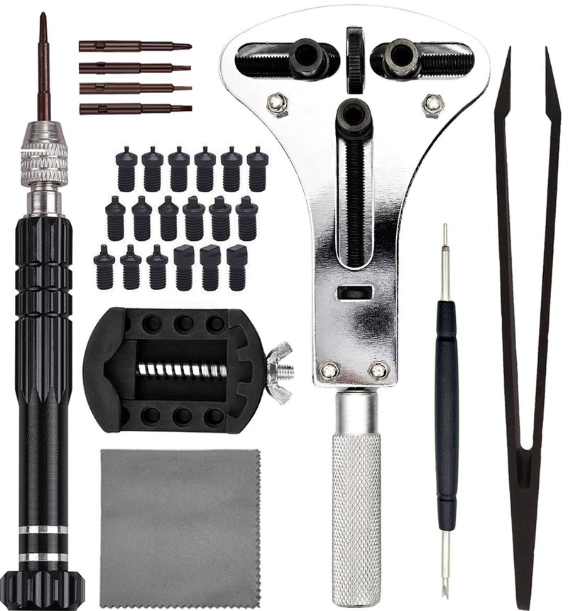 Watch Battery Replacement Tool Kit, 3 Point Large Wrench for Wristwatch Case Back Open, Back Removal Tool with 18 Bits, Watch Holder, Anti-Static Tweezers, Screwdrivers, Spring Bar Tool Silver