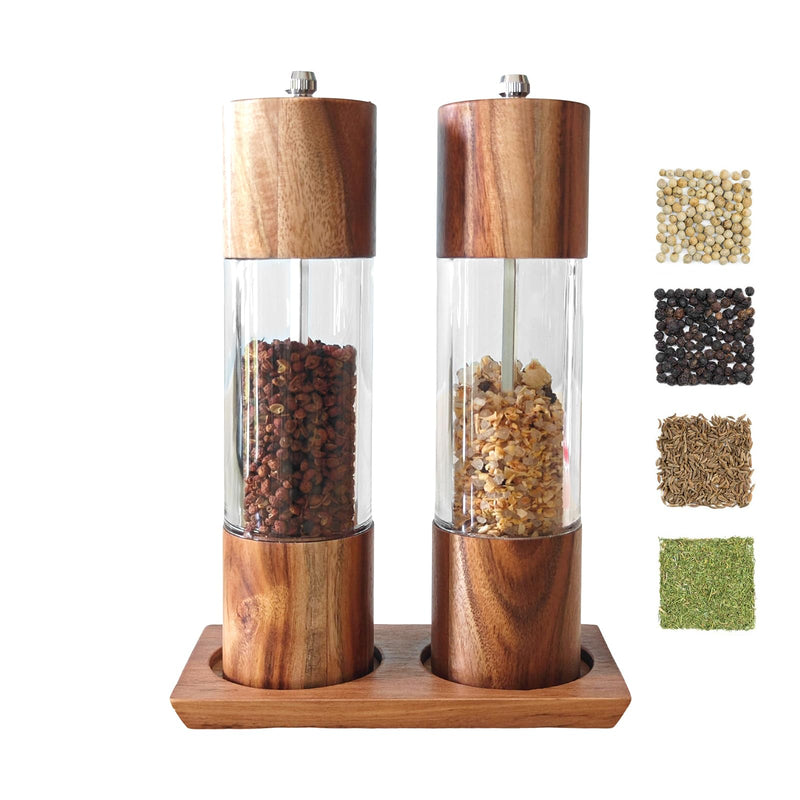 Acrylic Salt and Pepper Grinder Set With Wooden Tray, Manual Salt and Pepper Mills,Wooden Pepper Grinder with Adjustable Ceramic Core,8 Inches,Pack of 2 Acrylic wood 8 inch