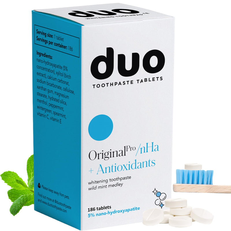 Duo Toothpaste Tablets | Nano-Hydroxyapatite (nHa) Natural Whitening, Remineralize, Reduce Sensitivity | Sustainable & Plastic Free | Dentist Created | Wild Mint Medley - 1 Bottle / 186 Tablets Original 186 Count (Pack of 1)