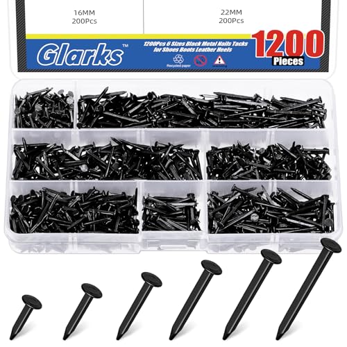 Glarks 1200pcs Shoe Repair Nails Tacks 3/8’’(10MM) 1/2’’(13MM) 5/8’’(16MM) 3/4’’(19MM) 7/8’’(22MM) 1’’(25MM) Replacement Heels Nails Tacks for Boots Furniture Nails Tacks Shoe Repair Tools