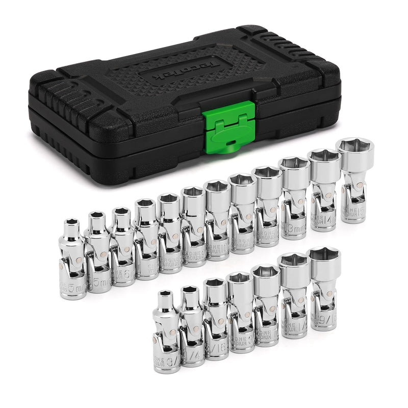 TecoTek 19-Piece 1/4-Inch Drive Universal Joint Socket Set, Swivel Socket Set, 6-Point, SAE (3/16" to 9/16") and Metric (5mm to 15mm), CR-V, Universal Flex Socket for Easier Access to Tight Spaces 1/4" Dr. Metric & SAE (19pcs)