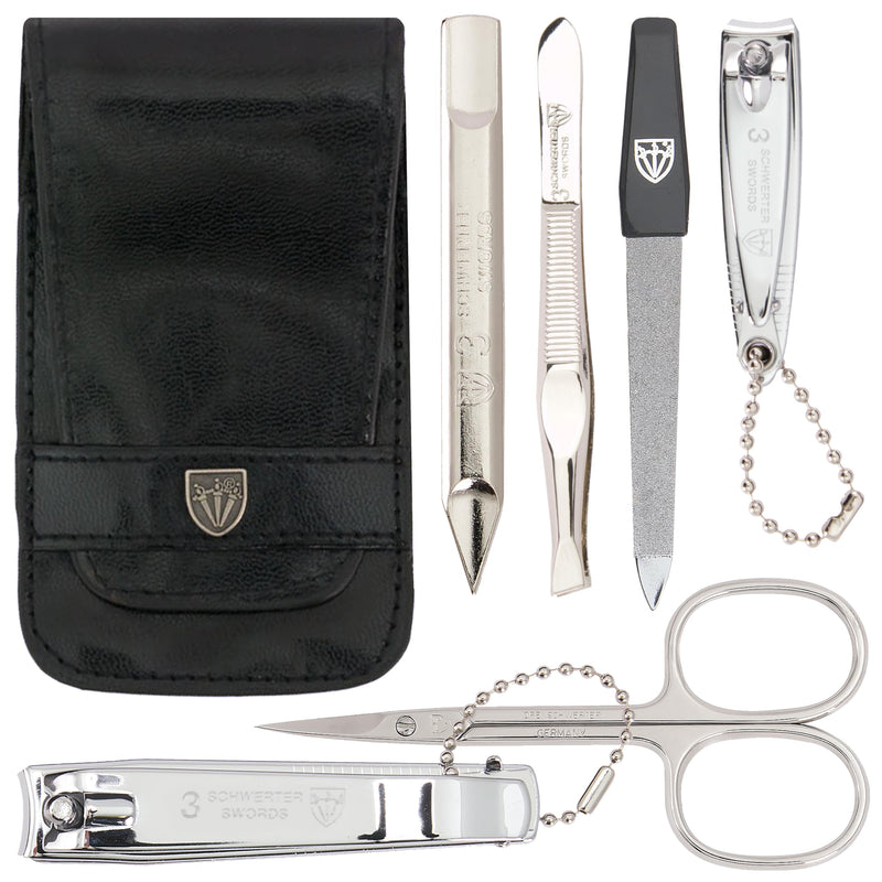 3 Swords Germany - brand quality 6 piece manicure pedicure grooming kit set for professional nail care with black synthetic leather case - Made in Germany SYNTHETIC LEATHER BLACK