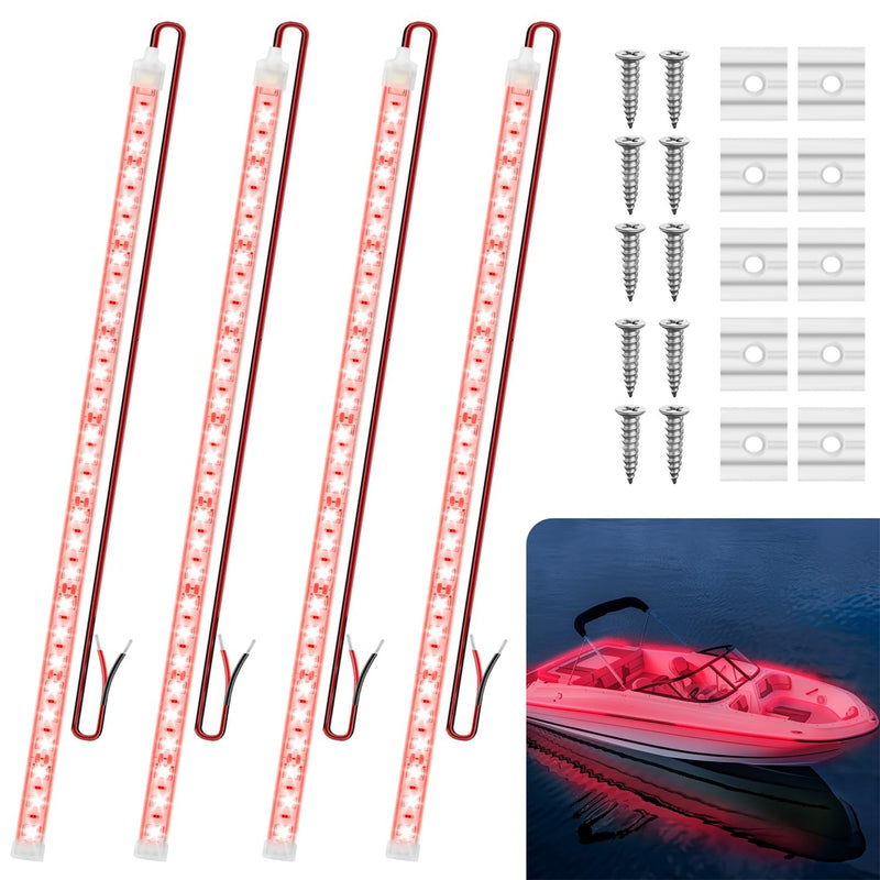 Boat Marine Submersible Led Strip Lights, 4 Pcs 20 Inches 12V Super Bright Boat Interior Lights, IP68 Waterproof Marine Led Strip Lights Night Fishing Lights for Boats, Kayak (Red) Red/20''