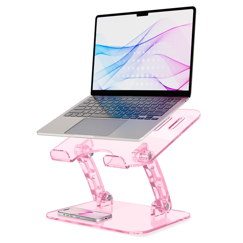 Pink Acrylic Adjustable Laptop Stand,Adjustable Height Foldable Laptop Riser for Desk, Clear Portable Laptop Holder Ergonomic Computer Stand,Compatible with 10-17.3” Laptops (Pink) pink