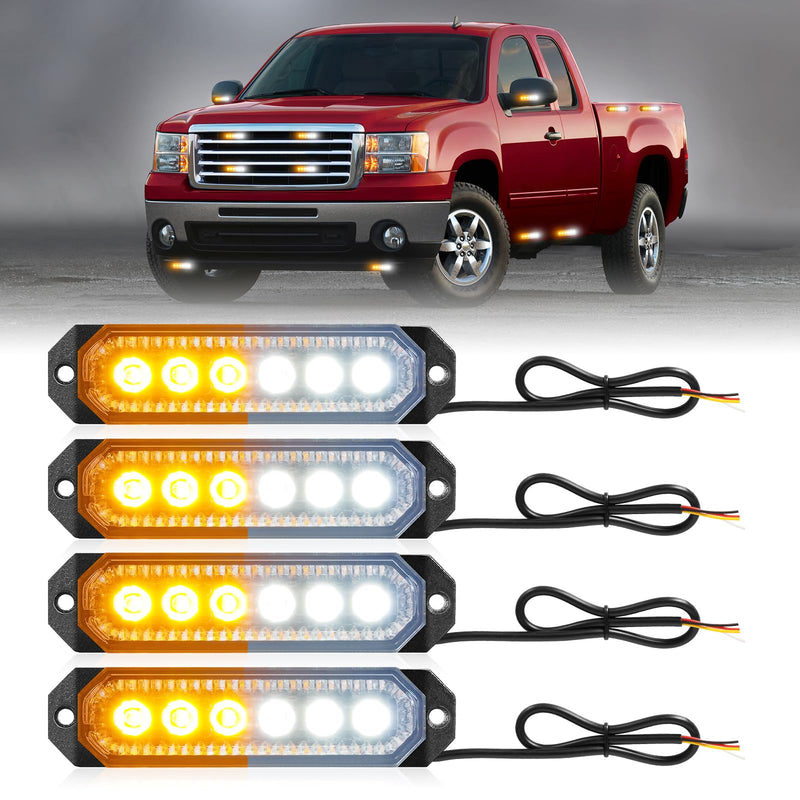 HLauto 406T Emergency Strobe Grille Lights: 4Pcs 6 LED Sync Feature Safety Warning Flashing Light, 12V-24V Ultra Slim Surface Mount Hazard Caution Light for Truck, Vehicle, Car, ATV, UTV (Amber White) Amber/White