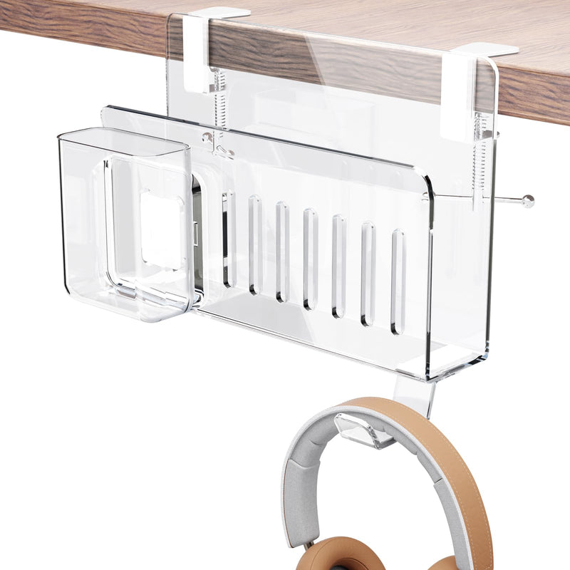 Acrylic Desk Side Storage,Under Desk Laptop Holder Storage Clamp on desk shelf,With Pen Holder and Headset Hook,Clear Desk Side Hanging Organizer accessories (transparent) transparent